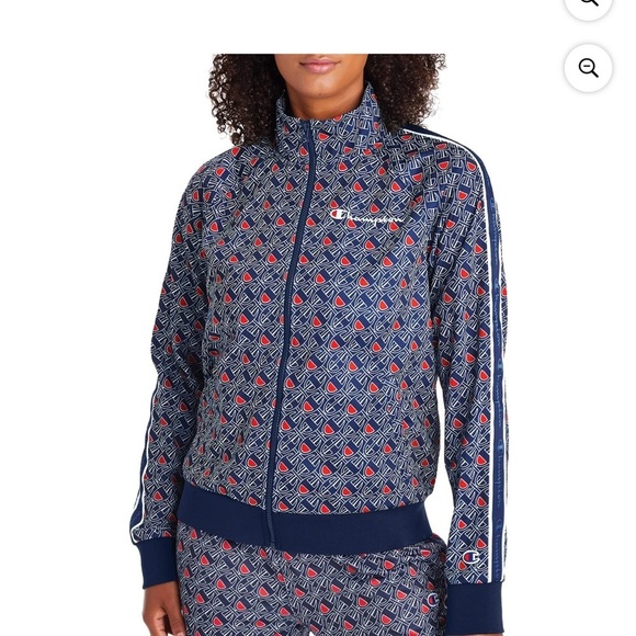 Champion Women's Blue Patterned Jacket all over logo size medium zip up - Picture 1 of 10